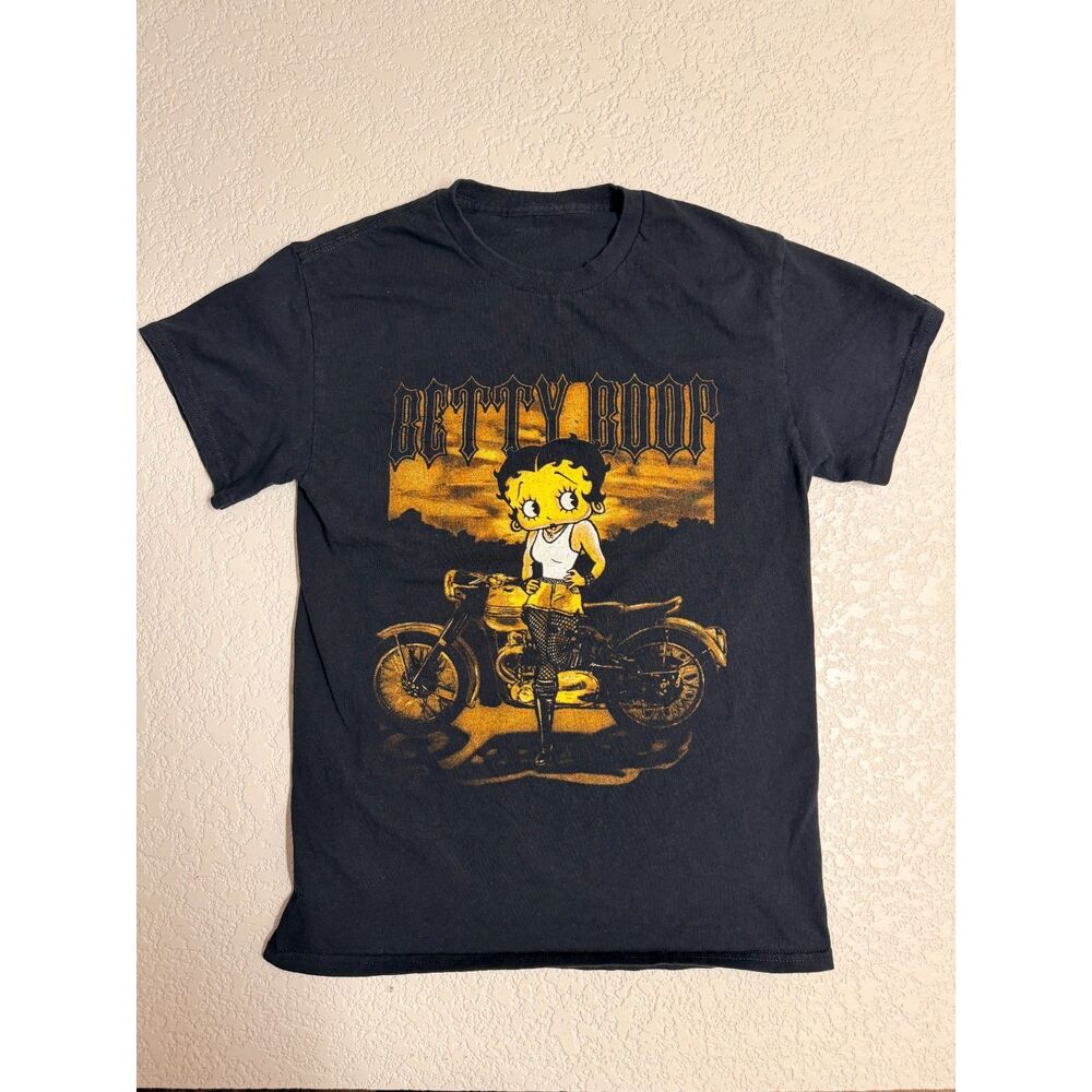 Betty Boop Biker Motorcycle Graphic Tee Black Gold Y2K